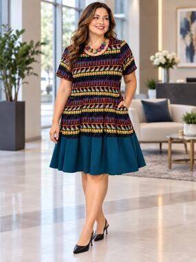 LuLaRoe 3XL Multicolor Geometric Peplum Dress Teal Flare Hem